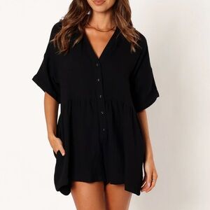 Black Romper with Pockets, Collar, and Buttons